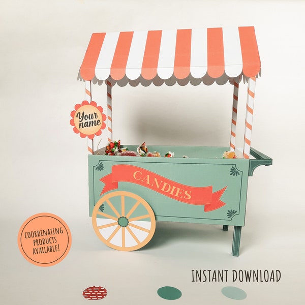 Candy cart good for a carnival birthday, Printable candy display for a fair theme party, Paper candy holder for a pink circus baby shower