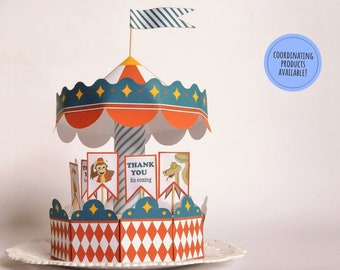 CIRCUS themed party favor box with carousel display, printable model for a paper carousel and circus party favor box