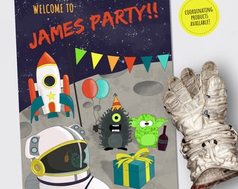 Panneau de bienvenue imprimable pour une soirée sur le thème de l'espace avec fusée astronaute et extraterrestres, modèle numérique de panneau de bienvenue