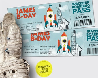 INVITATION IMPRIMABLE pour une soirée sur le thème de l'espace avec fusée, modèle d'invitation DIY en forme de carte d'embarquement