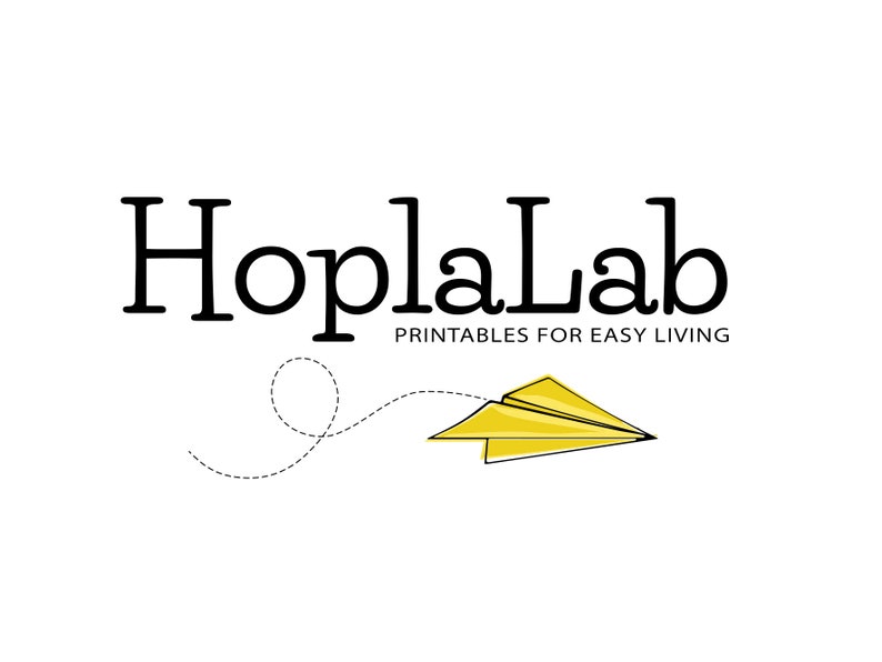 May include: Black and white logo for HoplaLab, a company that provides printables for easy living. A yellow paper airplane flies off to the right, leaving a dotted line trail.