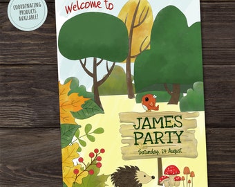 PANNEAU DE BIENVENUE IMPRIMABLE pour une fête sur le thème de la forêt avec texte personnalisable, modèle numérique de panneau de bienvenue