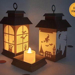 Paper lanterns, Halloween lights, DIY Halloween decor, Printable lantern with Halloween village, instant download