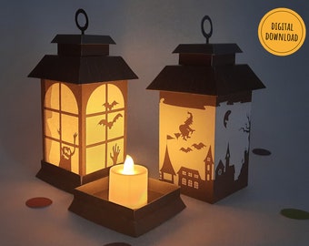 Paper lanterns, Halloween lights, DIY Halloween decor, Printable lantern with Halloween village, instant download