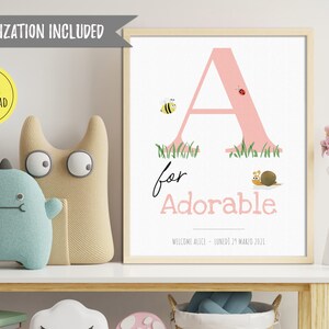 Photo naissance personnalisée, cadeau naissance personnalisé, photo chambre, affiche avec initiales pour la chambre de bébé, impression initiales