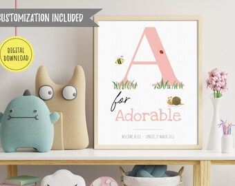 Photo naissance personnalisée, cadeau naissance personnalisé, photo chambre, affiche avec initiales pour la chambre de bébé, impression initiales