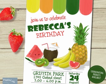 Invitation de fête de fruits imprimable, modèle d'invitation de bricolage numérique pour une fête d'été "tutti frutti"