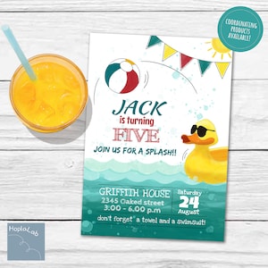 Pool party invitation, Rubber duck invite, Printable invitation for a pool party with a yellow rubber duck