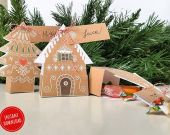 Christmas place cards, gingerbread house gift box, Christmas village, Christmas tree decor, Christmas craft, Christmas activities