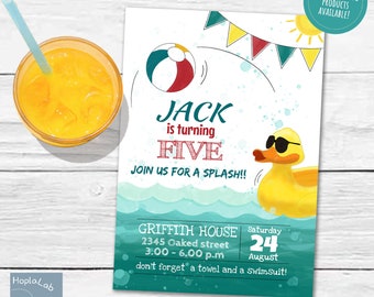 Modèle d'invitation imprimable Pool Party avec texte personnalisé, invitation imprimable bricolage avec canard
