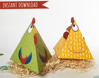 Boîtes à œufs en forme de poulet, excellentes comme cadeaux de Pâques, boîtes imprimables DIY, cadeaux pour une fête à la ferme