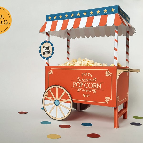 Carretto di popcorn di carta per una festa a tema circo, centrotavola decorativo da stampare per un compleanno, carretto popcorn giocattolo