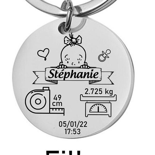 Porte clé metallique gravé naissance cadeau ideal porte clé clef personnalisable bébé