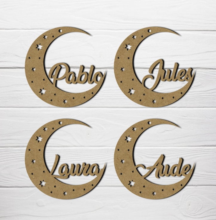 Boule de Noel en Bois Prénom Sapin Personnalisable Personnalisé Lune