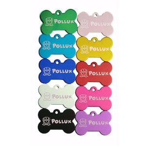 Peut inclure: Dix médaillons pour chien en forme d'os de différentes couleurs, notamment vert, rose, bleu, jaune, rouge, blanc, noir et violet. Chaque médaillon présente une petite silhouette de chien et le mot "POLLUX" gravé dessus.