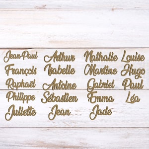 Op de afbeelding: Een set houten naamstickers met cursief schrift. De namen zijn Jean Paul, Fran&ccedil;ois, Raphael, Philippe, Juliette, Arthur, Isabelle, Antoine, S&eacute;bastien, Jean, Nathalie, Martine, Louise, Hugo, Gabriel, Paul, Emma, L&eacute;a en Jade.
