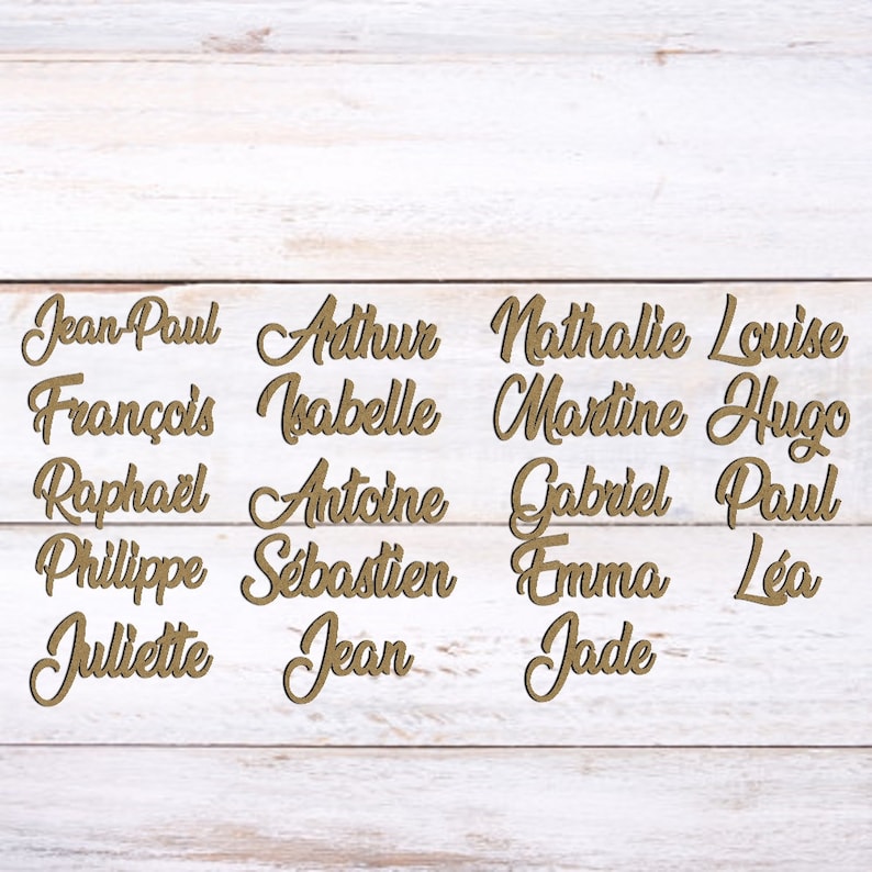 Op de afbeelding: Een set houten naamstickers met cursief schrift. De namen zijn Jean Paul, Fran&ccedil;ois, Raphael, Philippe, Juliette, Arthur, Isabelle, Antoine, S&eacute;bastien, Jean, Nathalie, Martine, Louise, Hugo, Gabriel, Paul, Emma, L&eacute;a en Jade.