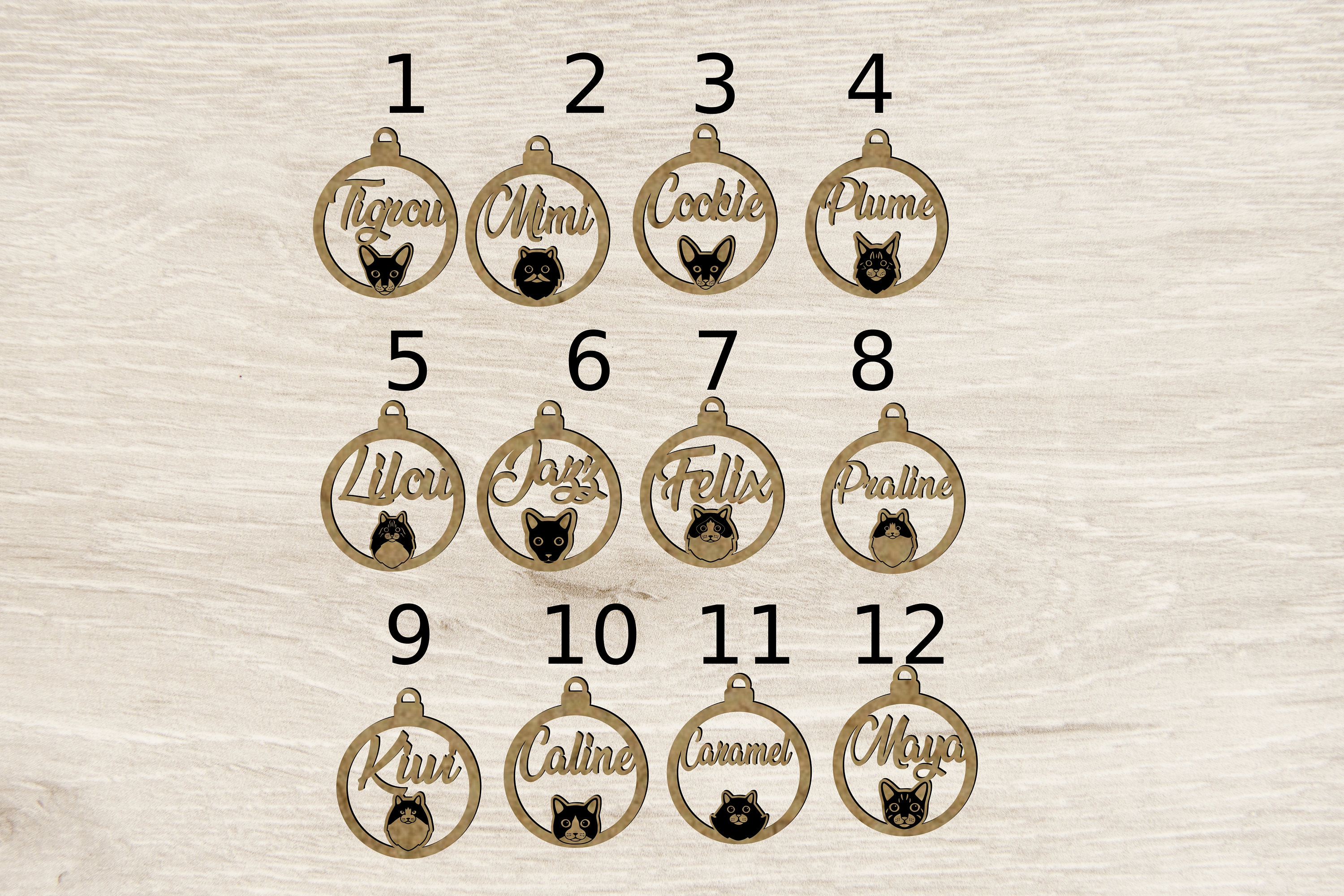 Boule de Noel en Bois Prénom Sapin Personnalisable Personnalisé Animal Chat Animaux