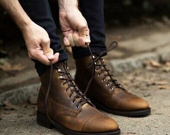 New Handmade Pure Brown Shaded Leather Ankle Strap Boots for Men/'s