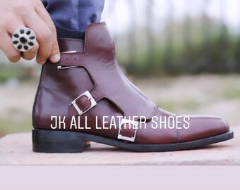 New Handmade Pure Brown Shaded Leather Ankle Strap Boots for Men/'s