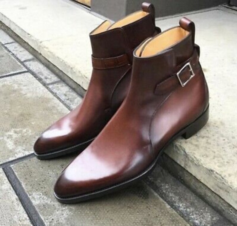 New Handmade Pure Brown Shaded Leather Ankle Strap Boots for Men/'s