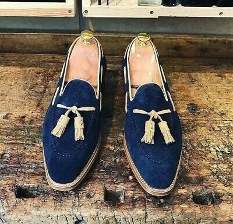 New Handmade Pure Dark Blue Suede Leather Stylish Loafer Shoes for Men/'s