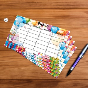 Verjaardagsfeestje Bunco Scoreblad - Kleurrijke ballonnen en cadeautjes Bunco Scorekaart