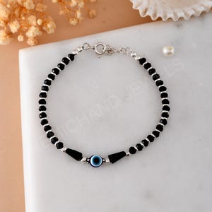 Sterling Silver Crystal Nazariya with Evil Eye Bracelets for Women (7 inch + Extension) (Black