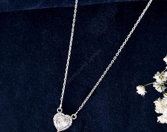 Sterling Silver CZ Heart Pendant Necklace, Dangling Pear