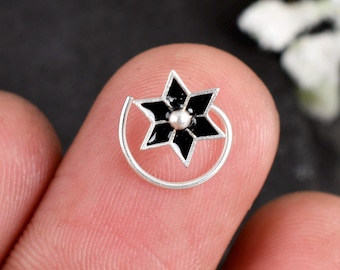 Sterling Silver Enamel Nose Pin Set: Star & Cross Tribal Design