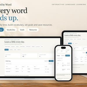 Puede incluir: Un planificador digital de aprendizaje de idiomas en una computadora portátil, tableta y teléfono inteligente. La interfaz incluye texto como Word by Word, Every word adds up y Learn a little every day, con secciones de estudio y metas.