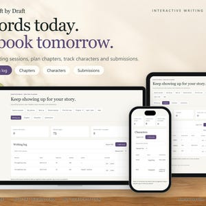 May include: A digital writing planner interface displayed on a laptop, tablet, and smartphone. The screen shows the text Draft by Draft, Words today. A book tomorrow. and features navigation tabs for Writing log, Chapters, Characters, and Submissions.