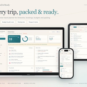 Könnte beinhalten: Eine digitale Reiseplaner-Oberfläche auf einem Laptop, Tablet und Smartphone. Die Bildschirme zeigen ein Dashboard mit dem Titel Packed & Ready mit Abschnitten für Reiserouten, Budgets, Packlisten und Passkontrollen mit Diagrammen und Listen.