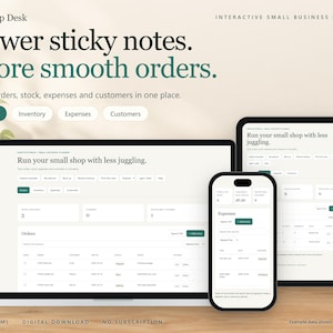 Peut inclure: Un planificateur interactif pour petite entreprise affiché sur un ordinateur portable, une tablette et un smartphone. L'interface permet de suivre les commandes, les stocks, les dépenses et les clients avec le texte Fewer sticky notes. More smooth orders.