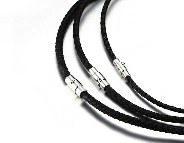 4/6/8MM Mens Black Braided Cord Rope Leather Necklace Choker w/ Magnetic  Clasp