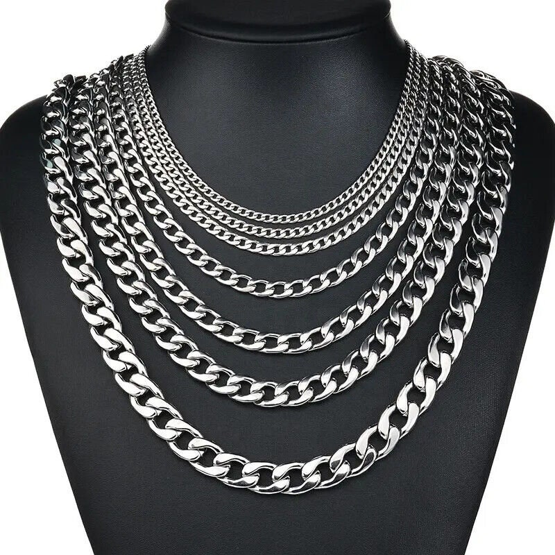Stainless Steel Cuban Curb Chain Silver 16-30 Mens Women Necklace  3/5/7/9/11mm - Never Tarnish - Money Back Guarantee