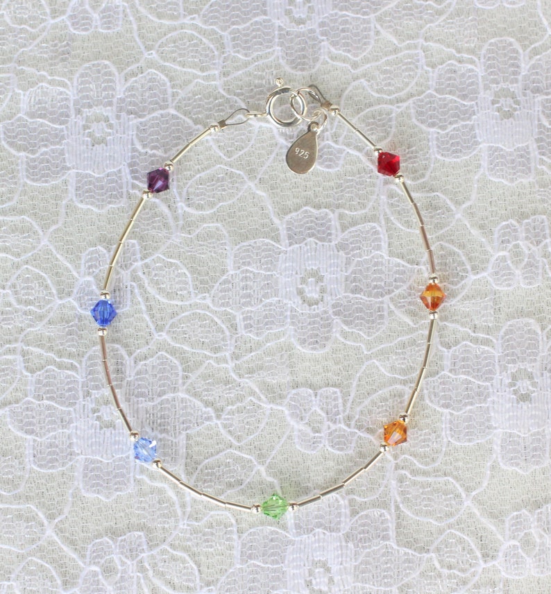 Chakra Bracelet Swarovski Rainbow Crystals, Sterling Silver, Liquid Silver, handmade image 1