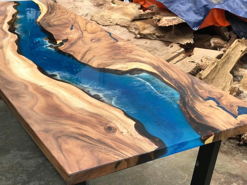 Blue river table top with epoxy inlay Senna siamea wood epoxy Etsy