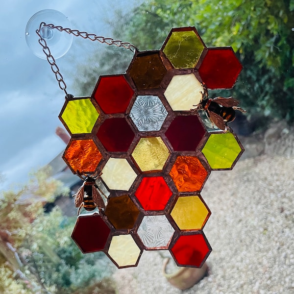 Stained Glass Honeycomb Suncatcher with 2 metal Bees