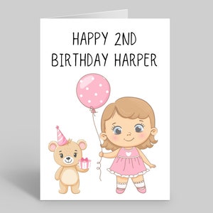 Carte d'anniversaire personnalisée pour tout-petit, carte d'anniversaire pour tout-petit, carte de 2e anniversaire, 2e anniversaire de fille, deuxième anniversaire, carte personnalisée
