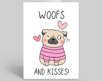 Tarjeta de perro Woofs And Kisses, tarjeta de San Valentín para perros, tarjeta para perros, tarjeta de San Valentín para perros, tarjetas para perros, citas de San Valentín para perros, tarjetas con citas para perros