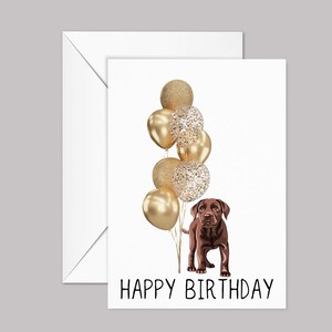 May include: A birthday card featuring a brown dog standing in front of a bunch of gold balloons with confetti. The card says "Happy Birthday" in black text.