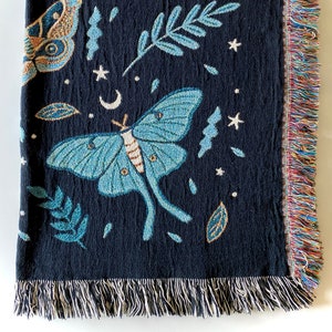 Luna Moths Blanket 100% Cotton Jacquard Blanket with Fringed Edge Woven in the USA 60 x 80 in Queen Size Bed image 2