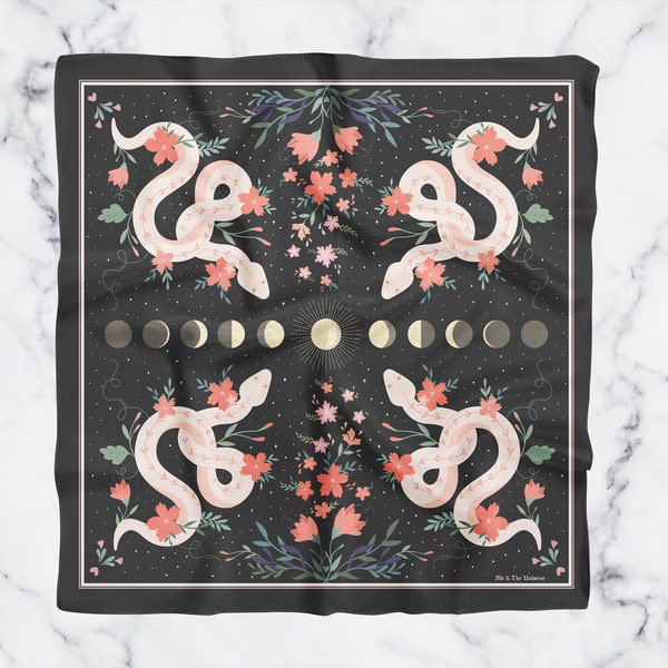 Handmade Silk Scarf | Tarot & Altar Cloth Moon Phases | Silk Bandana | Celestial Serpents | Onyx Black