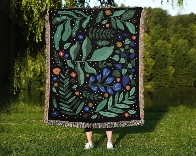 Floral Cotton Throw Blanket: Botanical Woven Tapestry, Fringed Edge