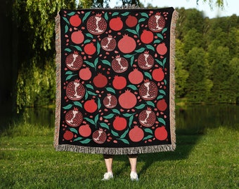 Pomegranates | Granadas | Throw Blanket | Tapestry | Picnic Blanket | 100% Cotton Jacquard with Fringed Edge | Woven in the USA