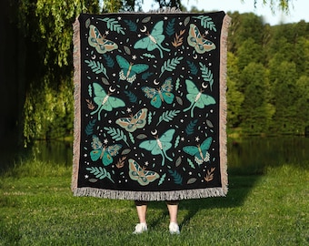 Manta Luna Moths / 100% Algodón / Manta Jacquard con borde con flecos / Tejida en EE.UU. / 60 x 80 in / Cama Queen Size