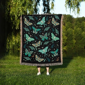 Luna Moths Blanket | 100% Cotton | Jacquard Blanket with Fringed Edge | Woven in the USA | 60 x 80 in | Queen Size Bed