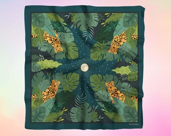 Foulard céleste Stay Wild | Fait main| Illustration originale | Léopards et Monstera | Amateur de plantes | Carré de foulard en soie tropicale | Enveloppement de cheveux