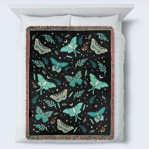 Luna Moths Blanket 100% Cotton Jacquard Blanket with Fringed Edge Woven in the USA 60 x 80 in Queen Size Bed image 7